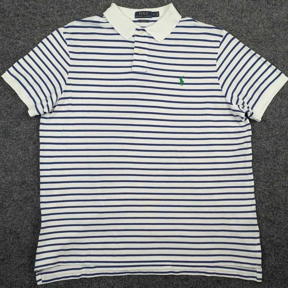 Polo Ralph Lauren Mens XL Custom Fit Striped Polo Shirt White Navy Blue Cotton